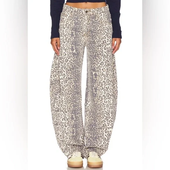 Lioness denim barrel jeans Medium Barrel Leg Leopard Print Pants Cream/Gray EUC - Picture 3 of 10